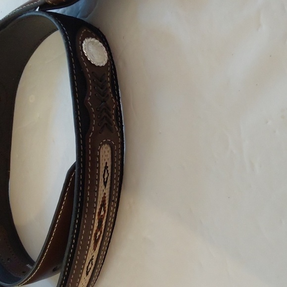Nocona Mens Black leather belt Silver Buckle/ Conchos Brown inlay Sz.44 - Picture 2 of 9